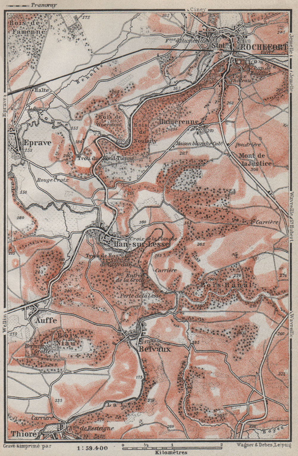 ROCHEFORT & HAN-SUR-LESSE environs. Auffe Belvaux Eprave. Belgium 1910 old map