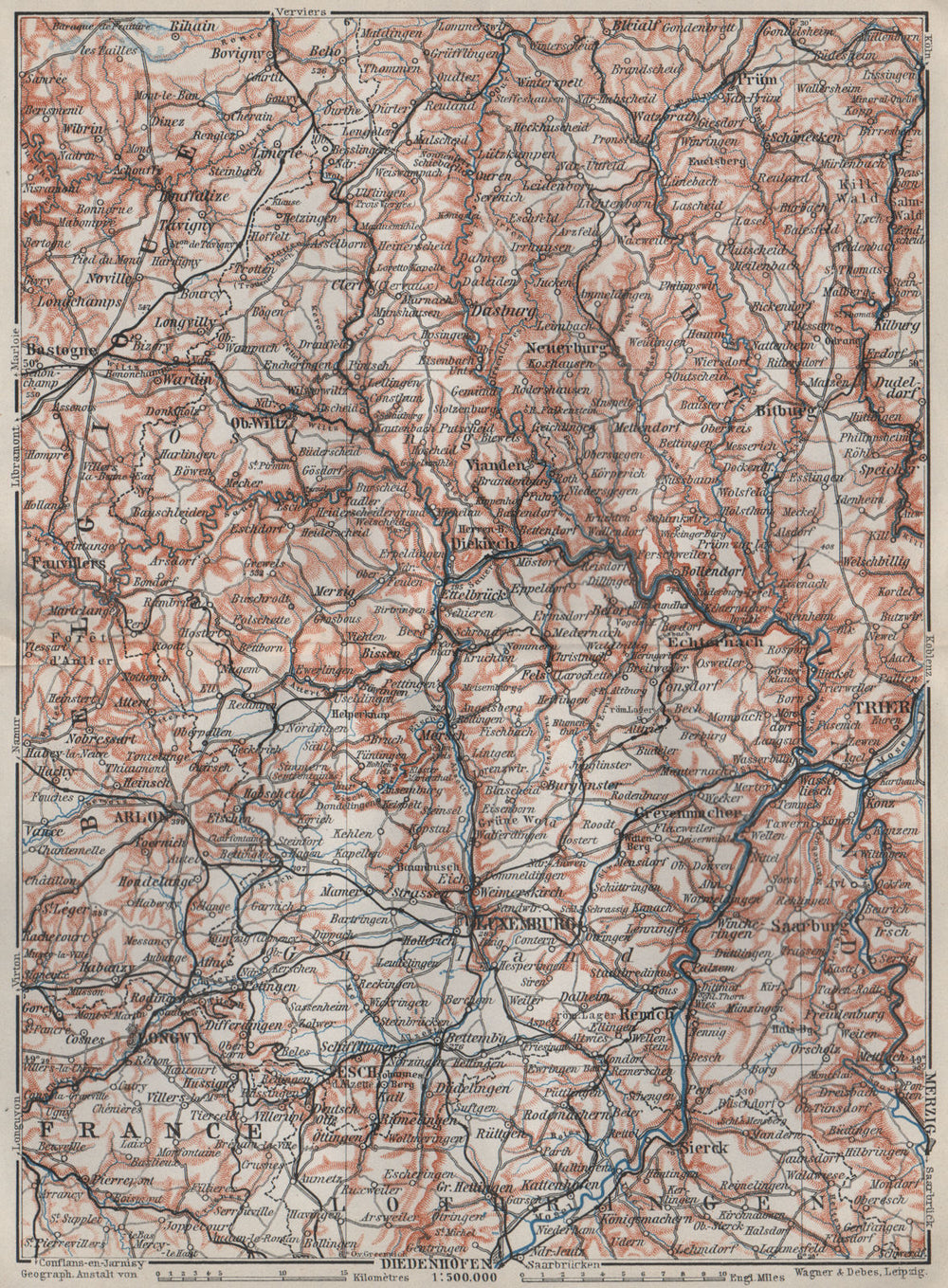 THE GRAND-DUCHY OF LUXEMBURG LUXEMBOURG topo-map carte. BAEDEKER 1910 old
