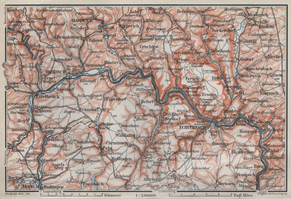 SAUER/Sûre RIVER VALLEY. ECHTERNACH Environs. Luxembourg/Germany carte 1910 map