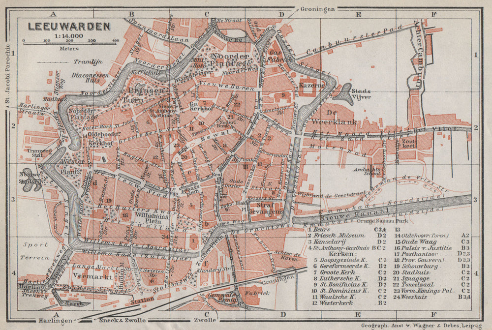 LEEUWARDEN antique town city stadsplan. Netherlands kaart. BAEDEKER 1910 map