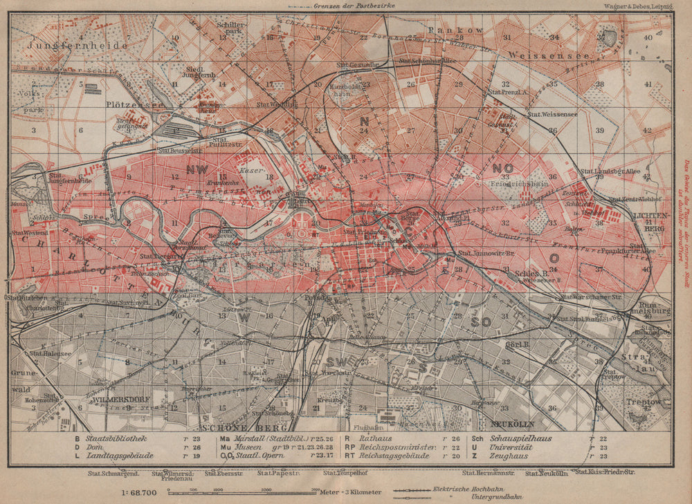 BERLIN KEY MAP vintage town city stadtplan karte. BAEDEKER 1923 old