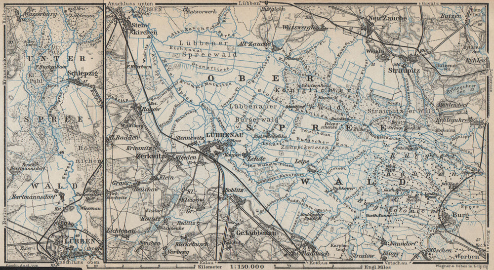 SPREEWALD & LÜBBENAU environs/umgebung. Straupitz Zerkwitz Schlepzig 1923 map