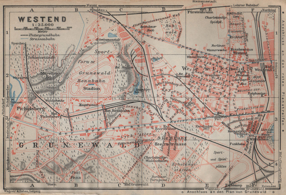 WESTEND vintage town city stadtplan. Berlin. Grunewald karte. BAEDEKER 1923 map