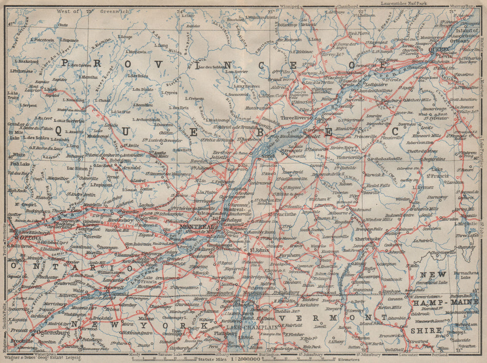 ST LAWRENCE RIVER VALLEY. Montreal Ottawa Quebec City carte. BAEDEKER 1922 map