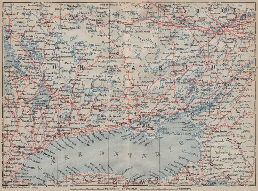 Eastern ONTARIO. Lake Ontario. Toronto Ottawa. Muskoka Lake Simcoe 1922 map