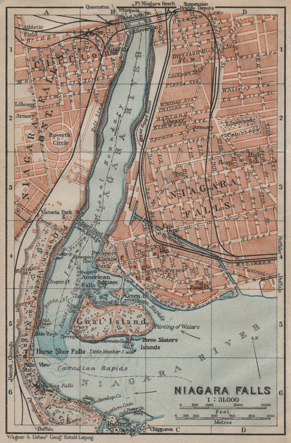 NIAGARA FALLS vintage town city plan. New York State. BAEDEKER 1922 old map
