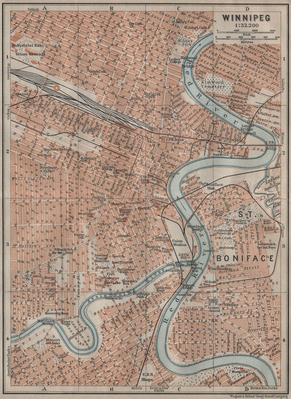WINNIPEG town city plan. Manitoba, Canada. BAEDEKER 1922 old antique map chart