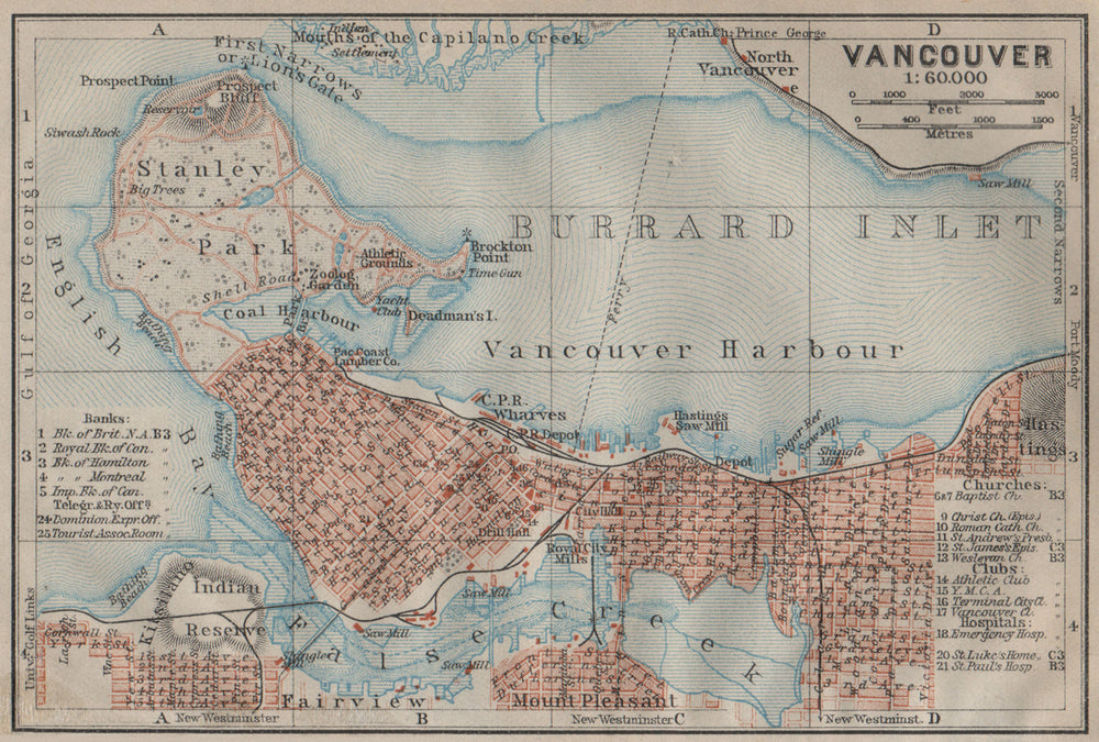 VANCOUVER town city plan. British Columbia, Canada. BAEDEKER 1922 old map
