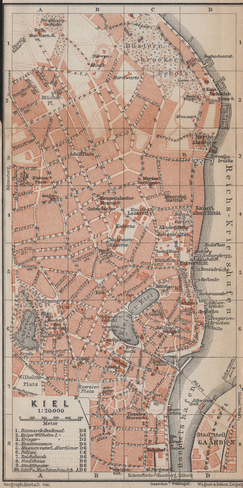 KIEL antique town city stadtplan. Schleswig-Holstein karte. BAEDEKER 1913 map
