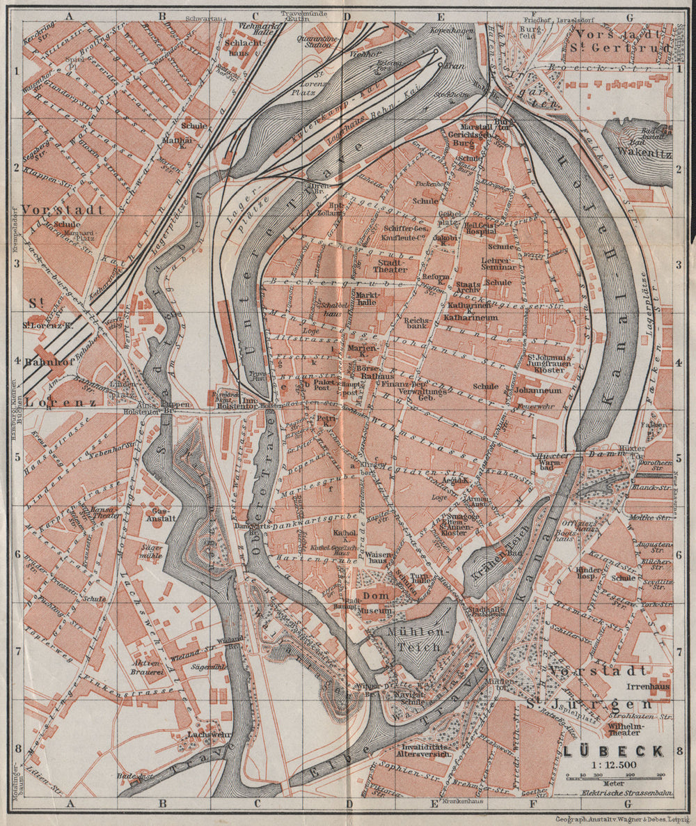 LÜBECK antique town city stadtplan. Schleswig-Holstein karte. BAEDEKER 1913 map