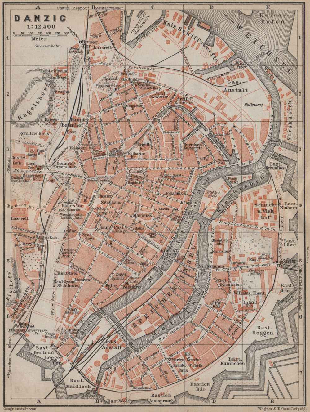 GDANSK antique town city plan miasta. Gdańsk Danzig. Poland mapa 1913 old