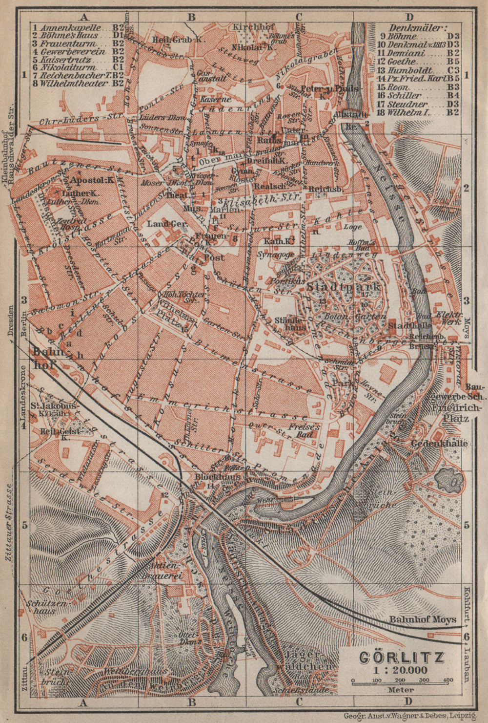 GÖRLITZ antique town city stadtplan. Saxony karte. BAEDEKER 1913 old map