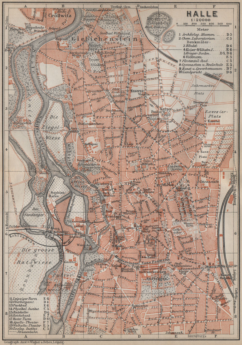 HALLE antique town city stadtplan. Saxony-Anhalt karte. BAEDEKER 1913 old map