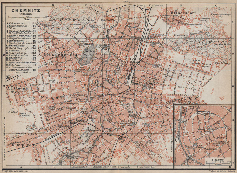 CHEMNITZ antique town city stadtplan. Saxony karte. BAEDEKER 1913 old map