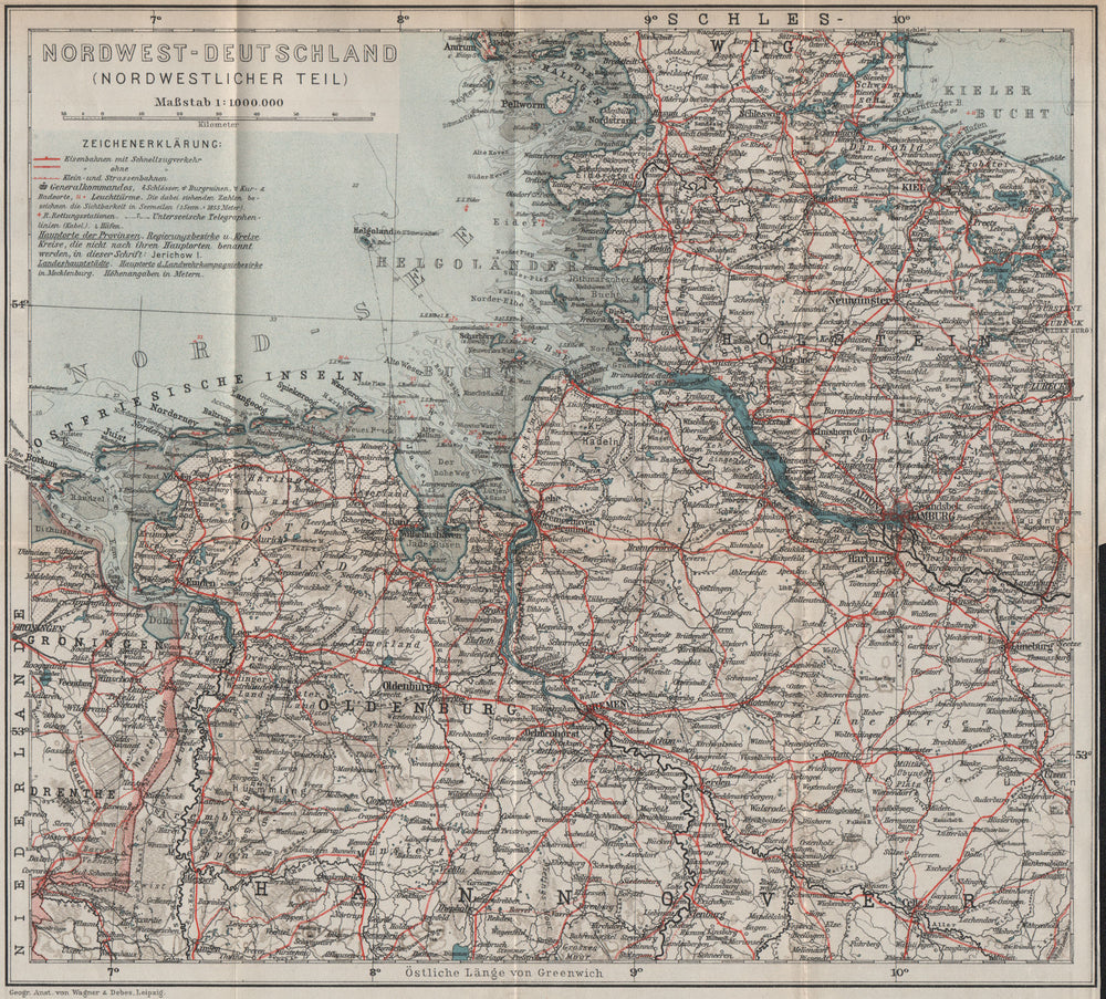 NORDWEST-DEUTSCHLAND. NW Germany. Niedersachsen Schleswig-Holstein 1913 map
