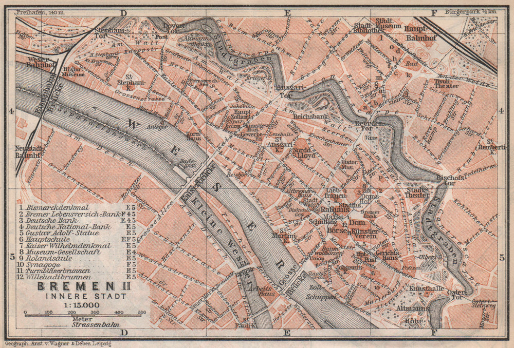 BREMEN antique town cityplan II. Innere Stadt karte. BAEDEKER 1913 old map