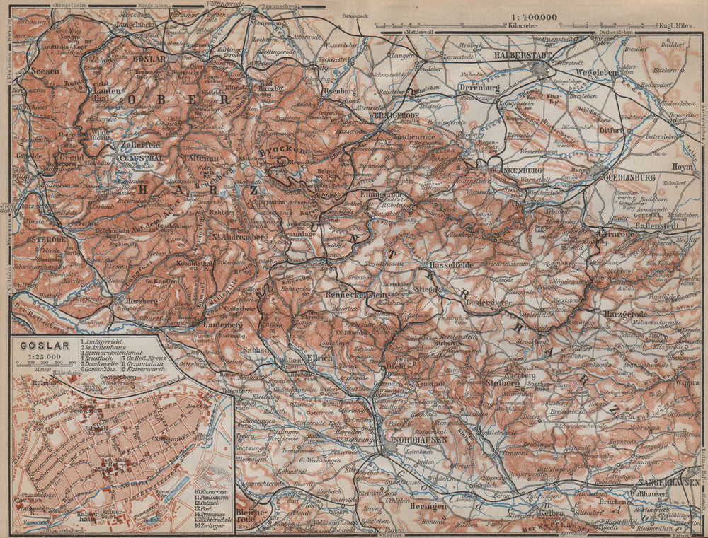 HARZ MOUNTAINS & GOSLAR town city stadtplan. Halberstadt Nordhausen 1913 map