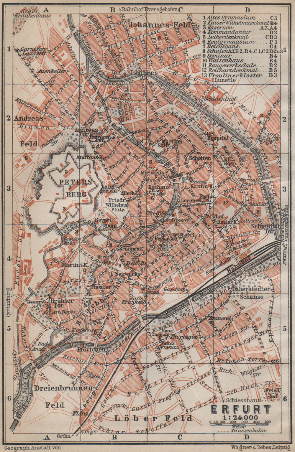 ERFURT antique town city stadtplan. Thuringia karte. BAEDEKER 1913 old map