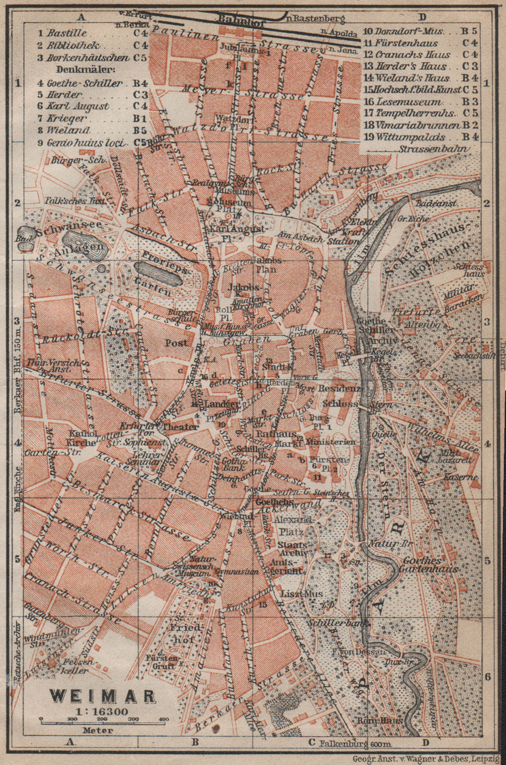 WEIMAR antique town city stadtplan. Thuringia karte. BAEDEKER 1913 old map