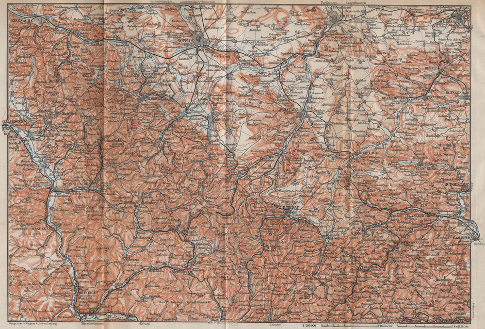 THÜRINGER WALD. Thuringian Forest. Gotha Eisenach Erfurt Weimar karte 1913 map