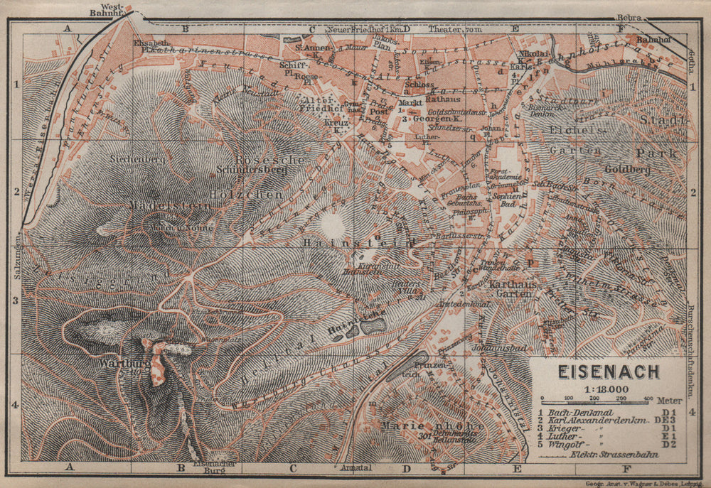 EISENACH antique town city stadtplan. Thuringia. Wartburg karte 1913 old map