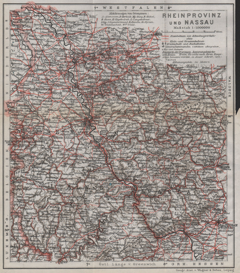 RHEINPROVINZ & NASSAU. Rheinland-Pfalz Nordrhein-Westfalen Hessen Ruhr 1913 map