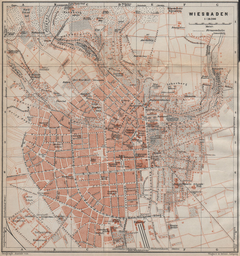 WIESBADEN antique town city stadtplan. Hessen karte. BAEDEKER 1913 old map