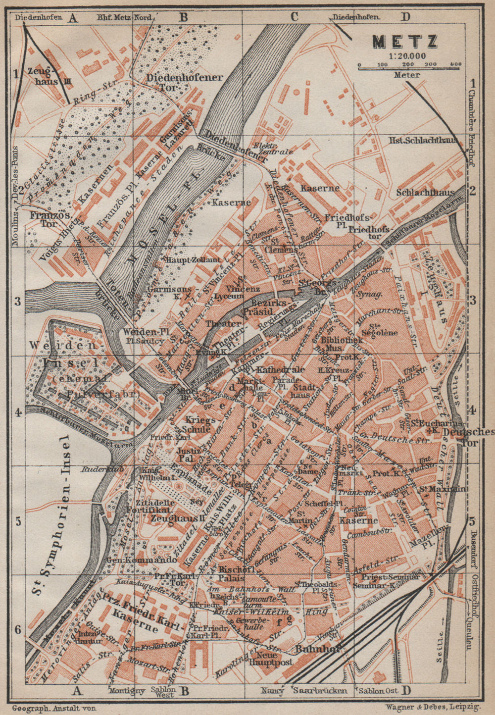 METZ antique town city stadtplan. Moselle carte. BAEDEKER 1913 old map