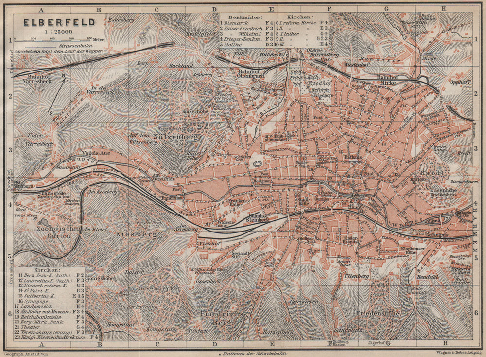 ELBERFELD antique town city stadtplan. Germany karte. BAEDEKER 1913 old map
