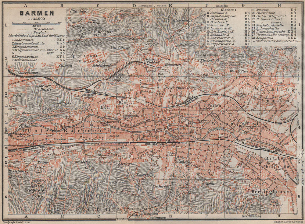 BARMEN antique town city stadtplan. Germany karte. BAEDEKER 1913 old map