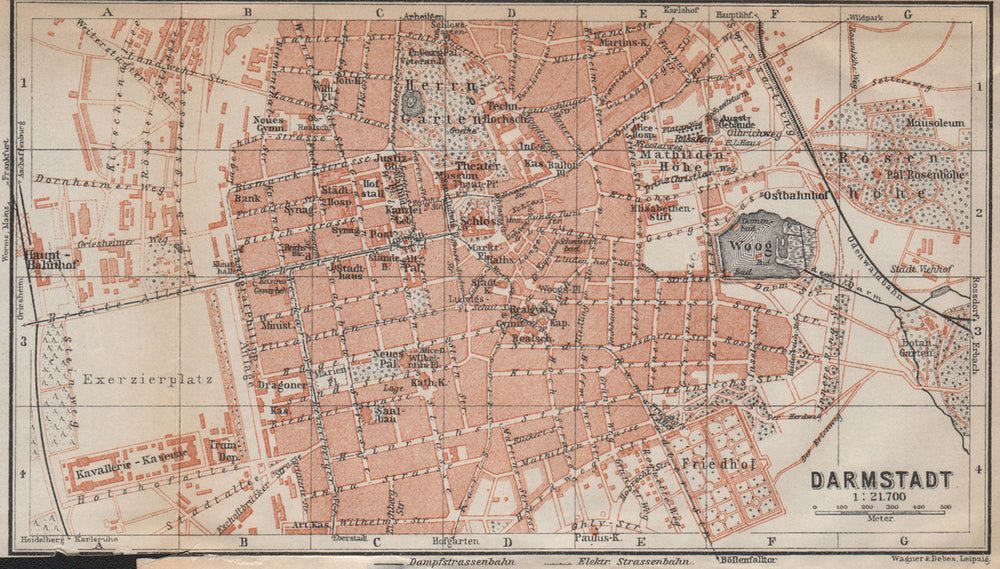 DARMSTADT antique town city stadtplan. Hessen karte. BAEDEKER 1913 old map