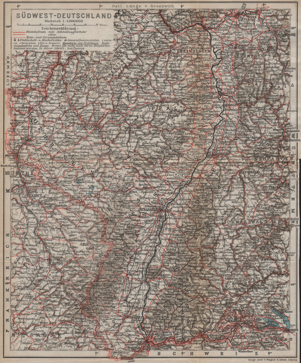 SW GERMANY SÜDWEST-DEUTSCHLAND inc. Reichsland Elsaß-Lothringen. Baden 1913 map