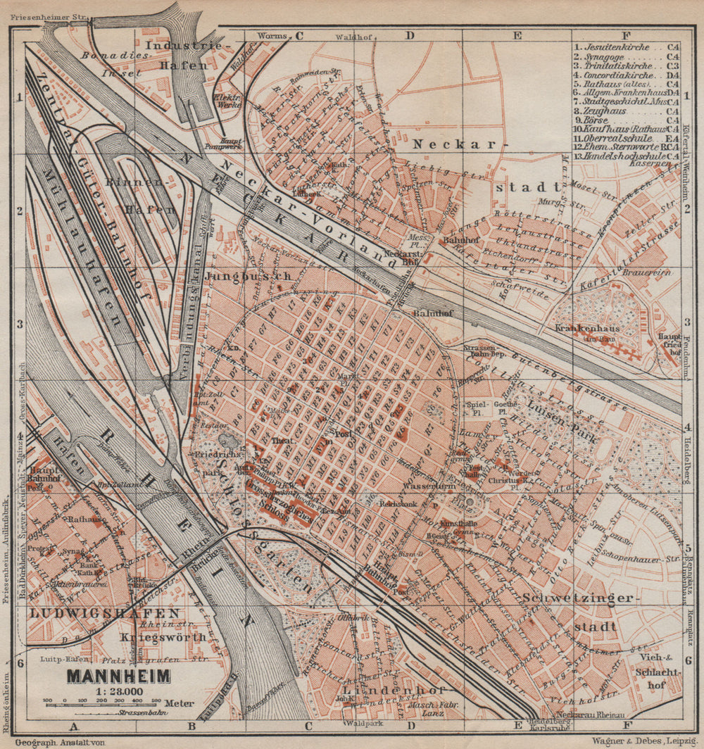 MANNHEIM antique town city stadtplan. Baden-Württemberg karte 1913 old map
