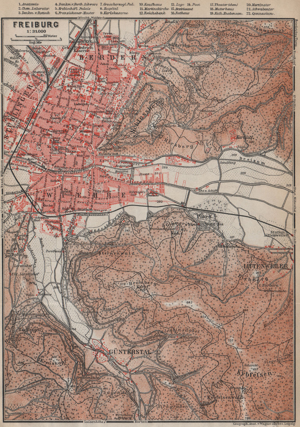 FREIBURG town city stadtplan & umgebung. Gunterstal. Baden-Württemberg 1913 map