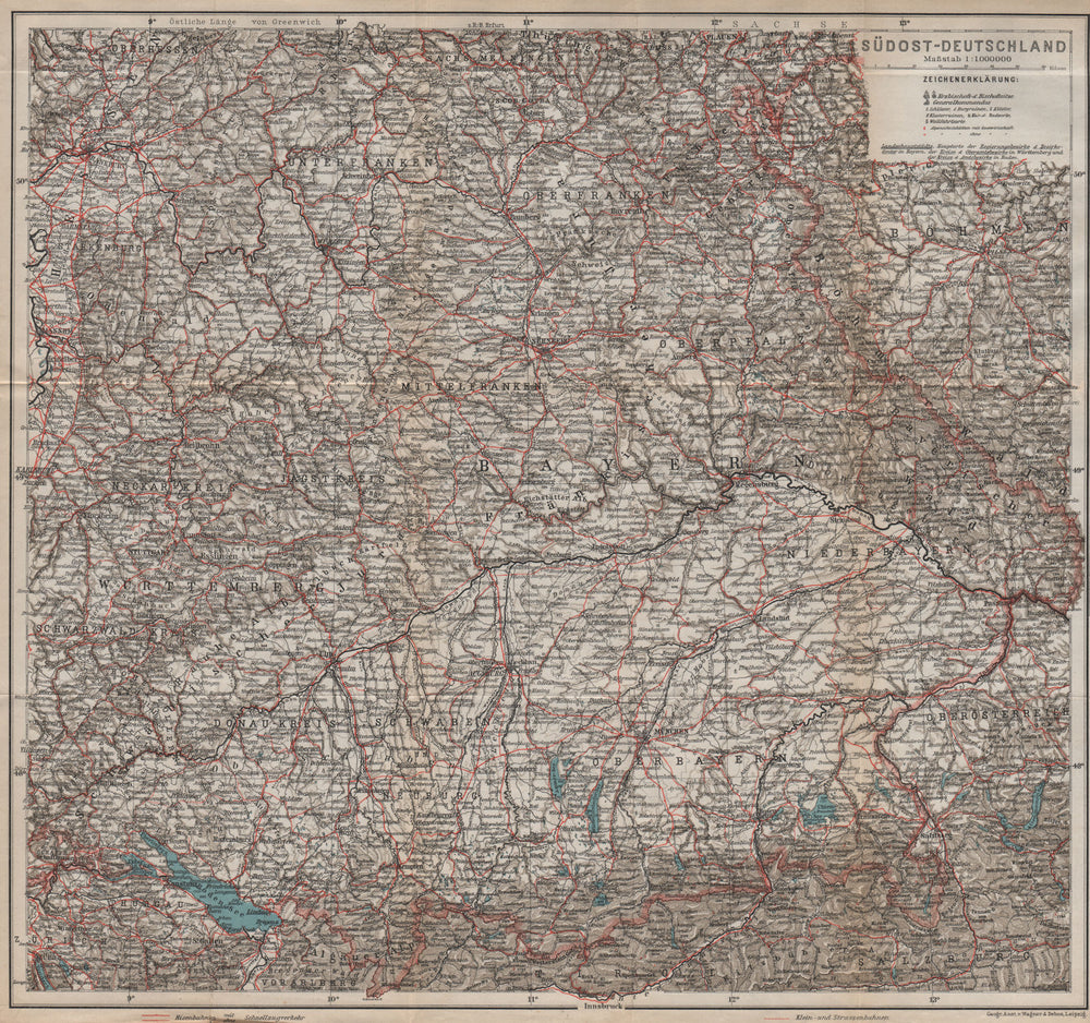SE GERMANY. SÜDOST-DEUTSCHLAND. Bavaria Bayern Württemberg Franken 1913 map