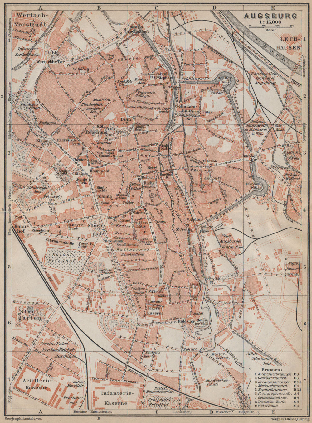 AUGSBURG antique town city stadtplan. Bavaria karte. BAEDEKER 1913 old map