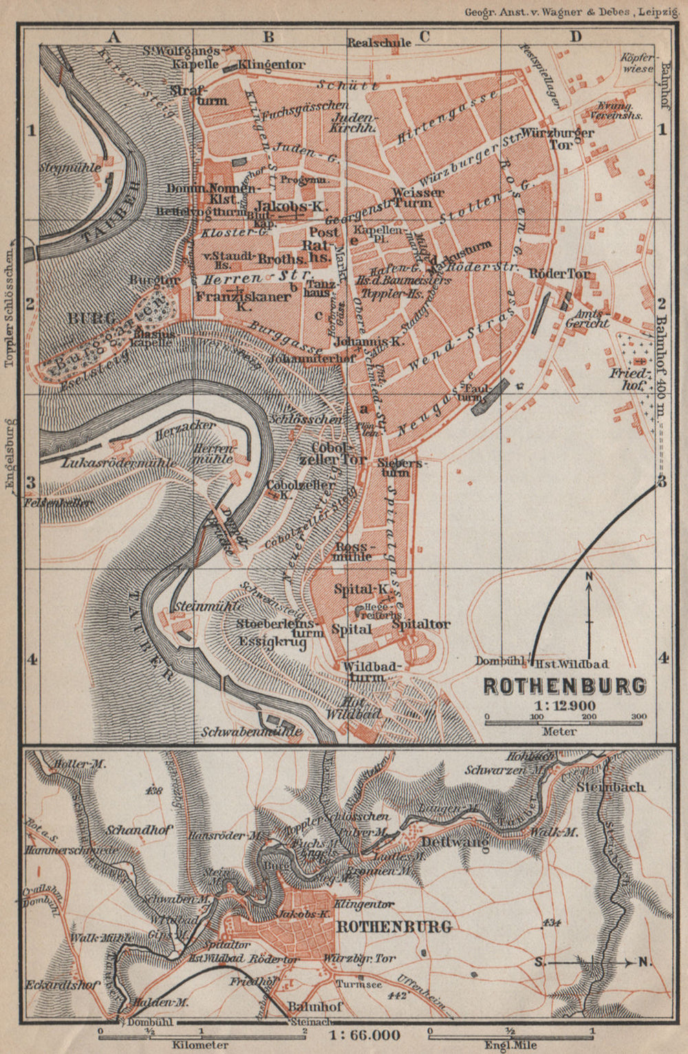 ROTHENBURG OB DER TAUBER town city stadtplan. Bavaria, Deutschland 1913 map