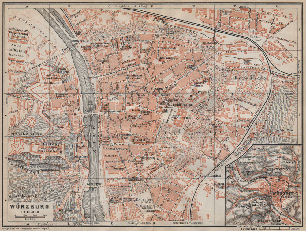 WÜRZBURG town city stadtplan & umgebung/environs. Wurzburg. Bavaria 1913 map