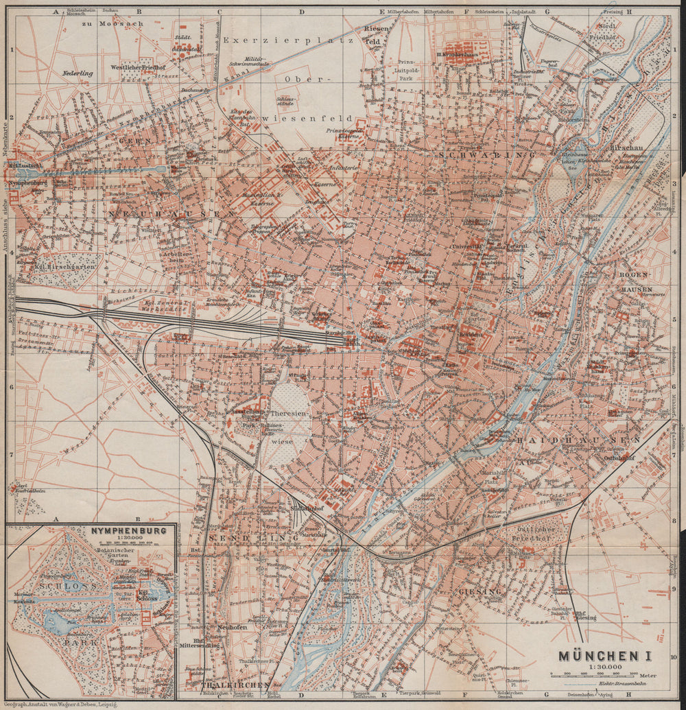 MÜNCHEN (MUNICH) town city stadtplan I. Munchen Nymphenburg. Bavaria 1913 map