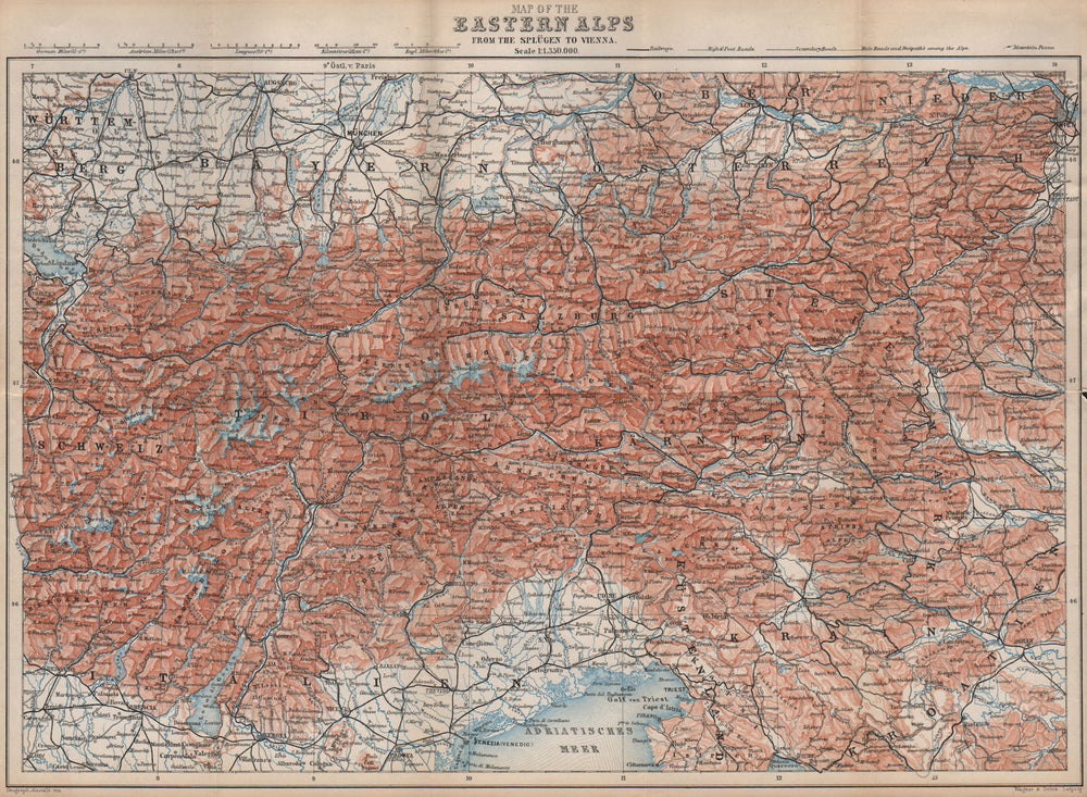 EASTERN ALPS. South Bavaria Bayern Austria Slovenia Tirol Wien München 1899 map