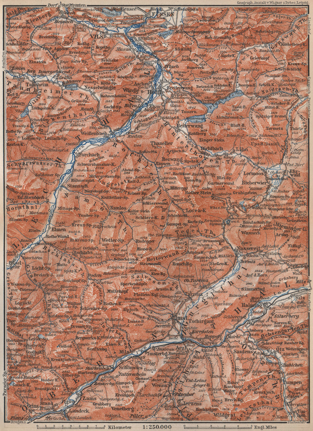 LECHQUELLENGEBIRGE range. Reutte Imst Füssen Lechtal Oberinntal karte 1899 map