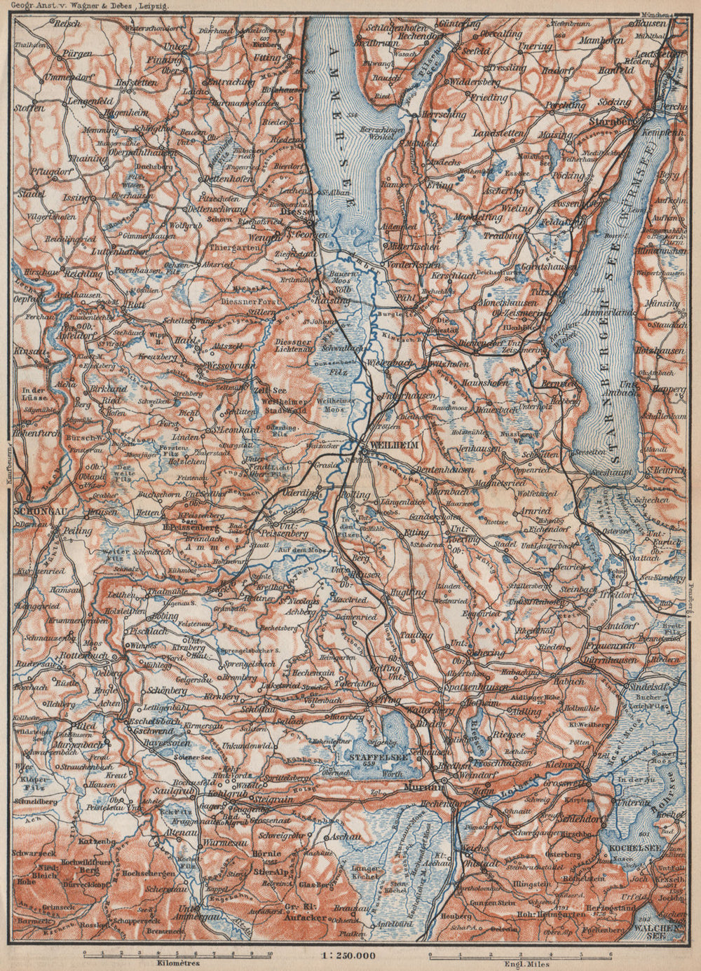 STARNBERGERSEE & AMMERSEE. Weilheim Schongau Murnau Starnberg karte 1899 map