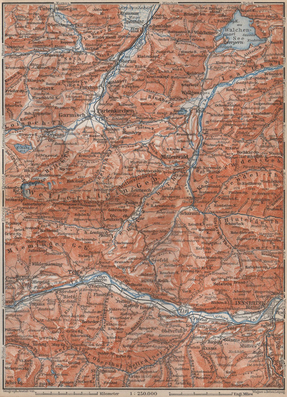 WETTERSTEIN Garmisch-Partenkirchen Innsbruck Inntal Mittenwald Oberau 1899 map