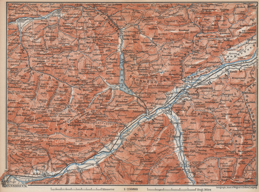 Tiroler Unterland. Unterinntal. Inn valley. Innsbruck Tyrol Jenbach 1899 map