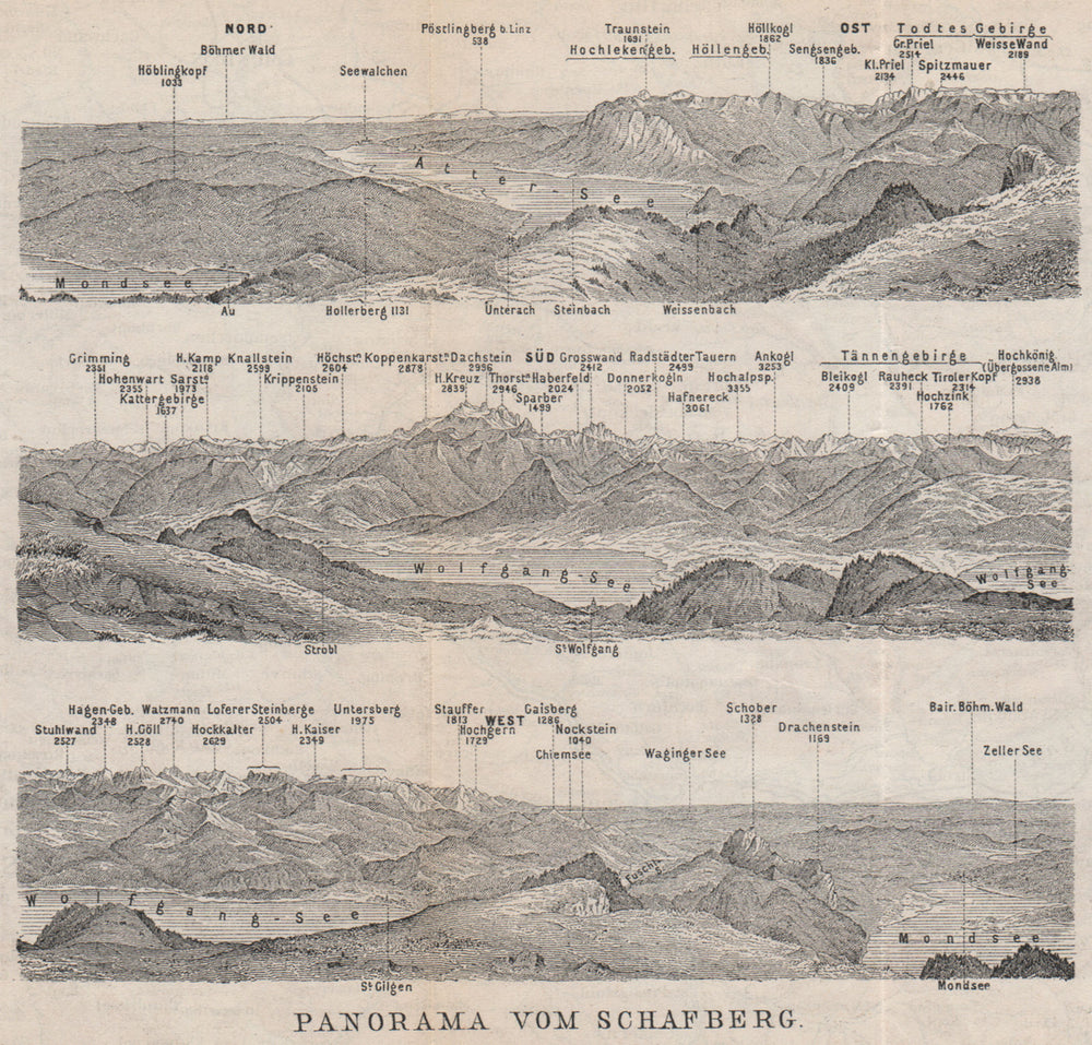 PANORAMA VOM SCHAFBERG, Salzkammergut. Austria Österreich karte 1899 old map