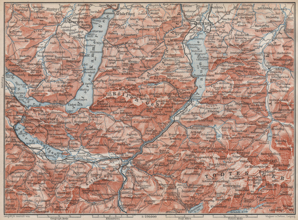 NORTH SALZKAMMERGUT. Gmunden Ischl Hallstatt. Altmunster Ebensee karte 1899 map