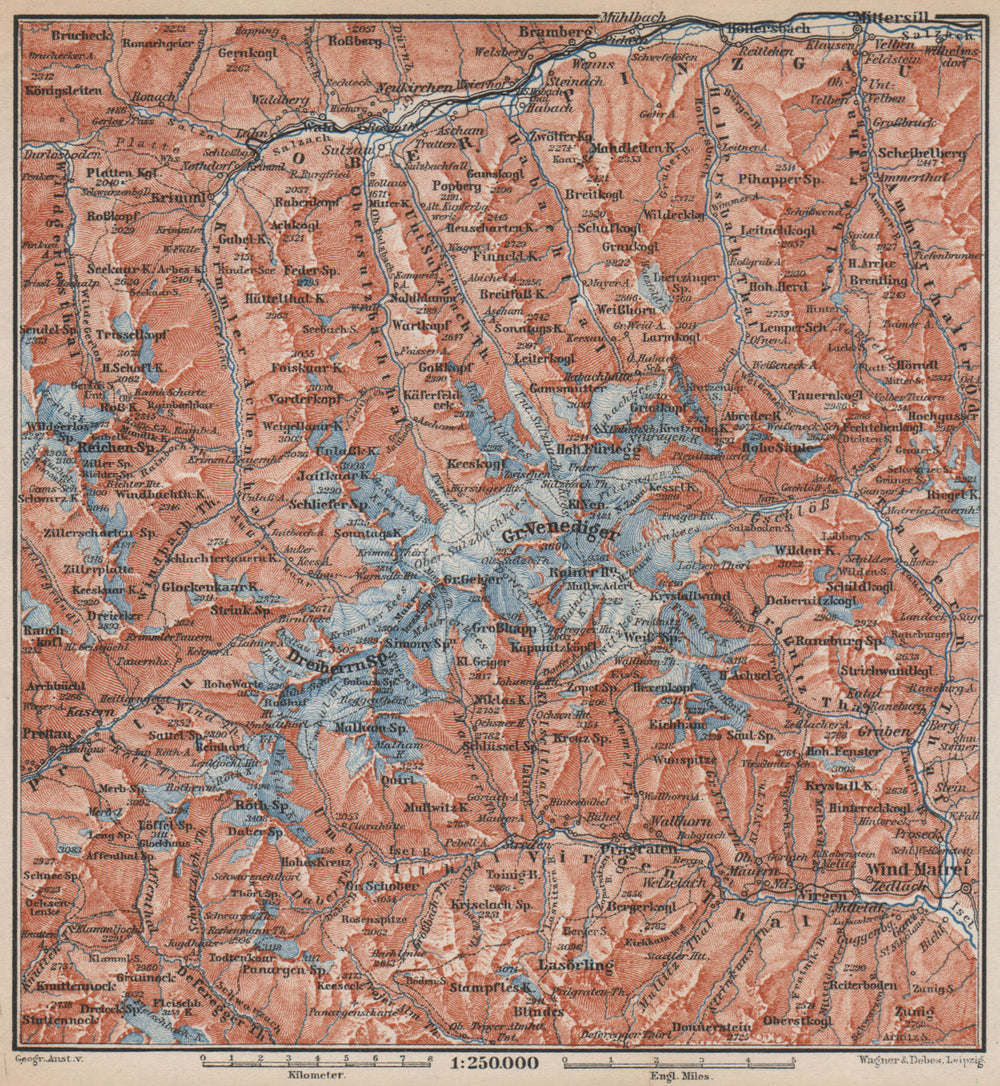 VENEDIGERGRUPPE. OBERPINZGAU. HOHE TAUERN. Mittersill Prägraten  karte 1899 map