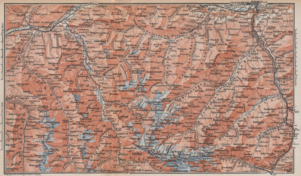 STUBAIER ALPEN. Stubaital Ötztal Pitztal. Solden Kühtai Innsbruck  1899 map