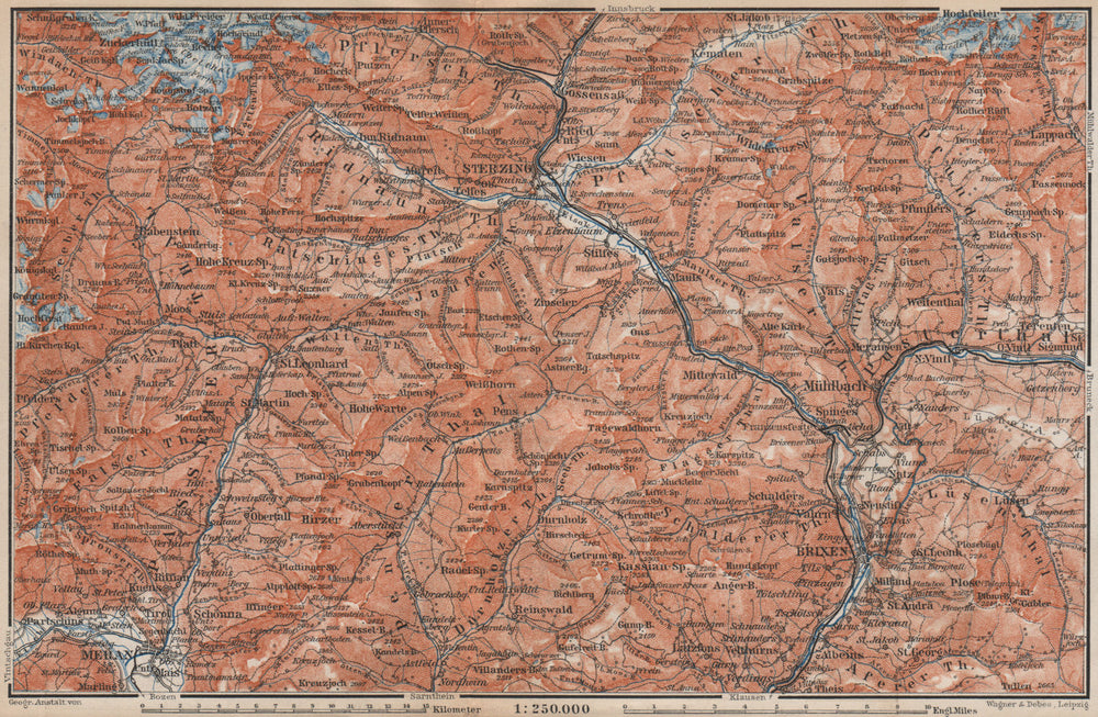 STERZING & BRIXEN environs Wipptal Vipiteno Bressanone Merano Südtirol 1899 map