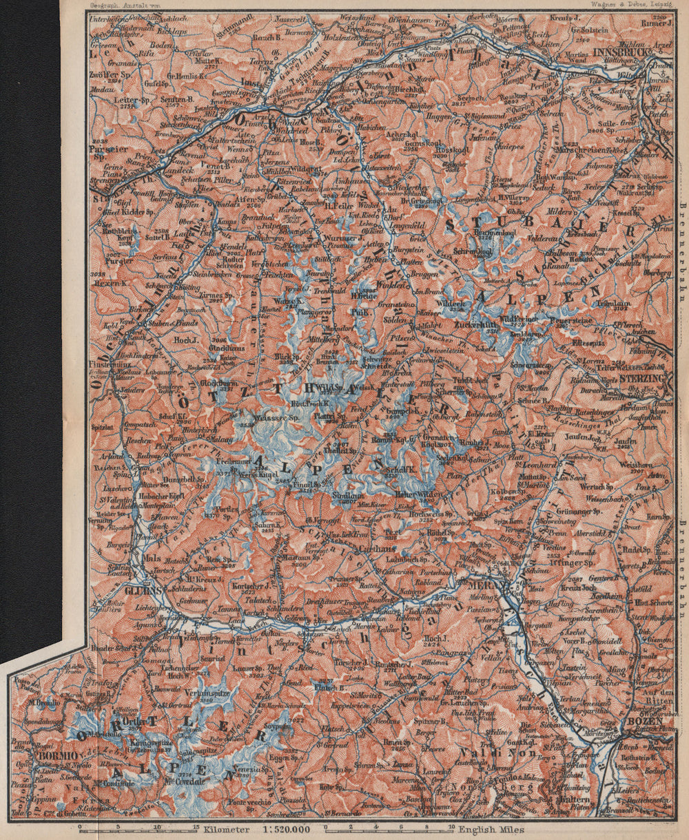 TYROL/ UPPER INNTHAL ÖTZTHALER ORTLER STUBAIER ALPEN topo-map. Austria 1899